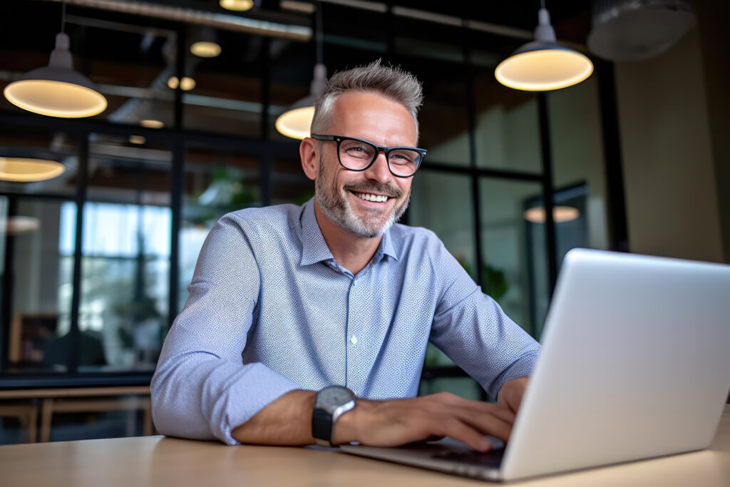 Happy mature business man executive manager looking at laptop co